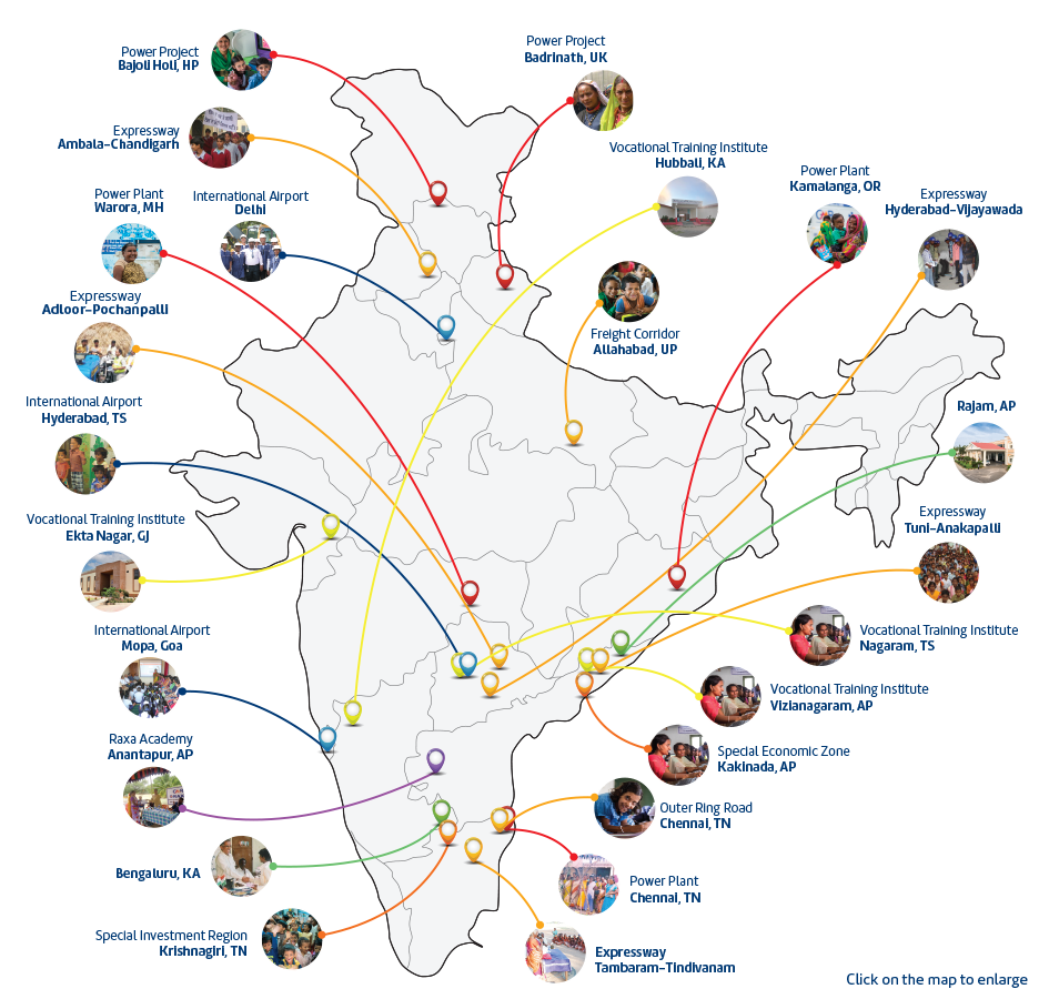 Image of a news map highlighting GMR Group's projects.